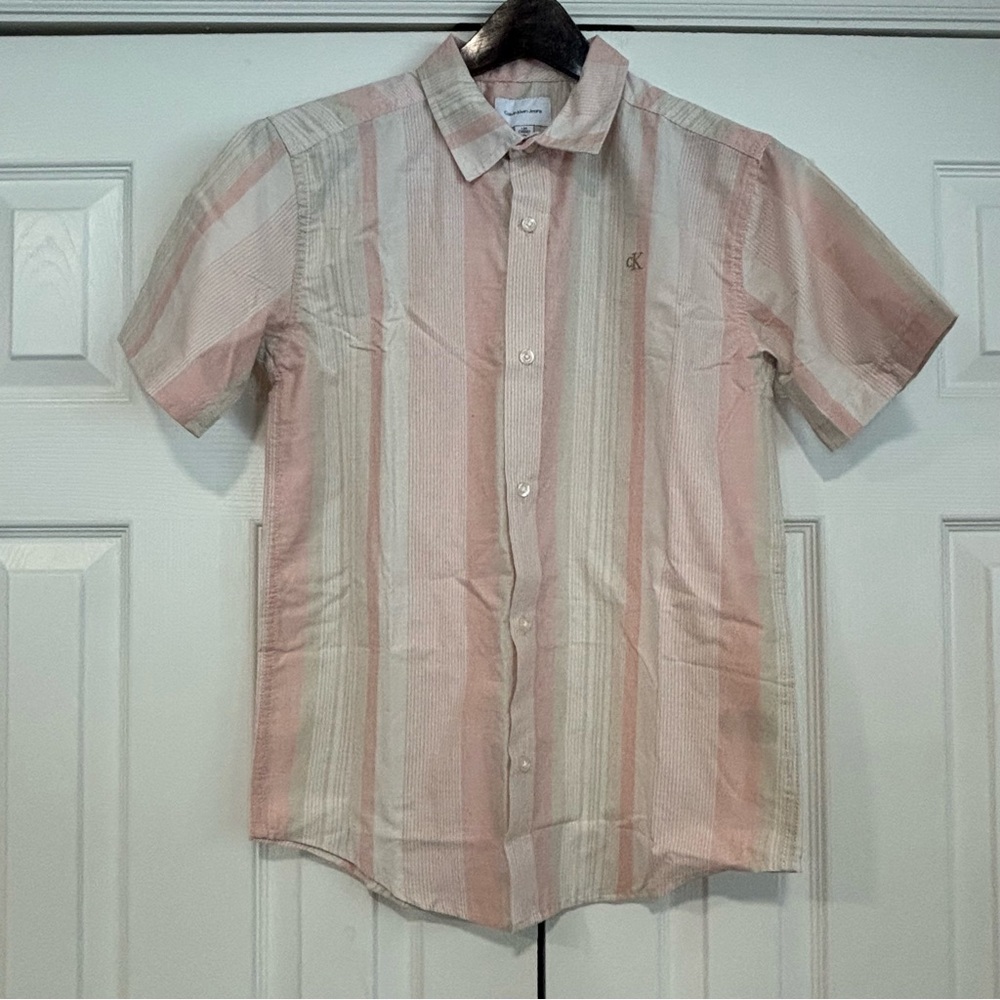 Calvin Klein Jeans Women’s Pink & White Striped Button Up Shirt Large 14/16